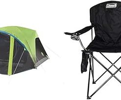 Coleman Carlsbad Dark Room Camping Tent with Screened Porch, 4/6 Person Tent Blocks & Camp Chair with 4-Can Cooler | Folding Beach Chair with Built in Drinks Cooler | Portable Quad Chair