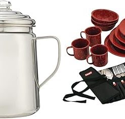 Coleman Stainless Steel Percolator Coffee Pot, 12-Cup Capacity Lightweight Coffee Percolator & 24-Piece Enamel Dinnerware Set, Durable Dishes & Utensils for Camping & Outdoor Use