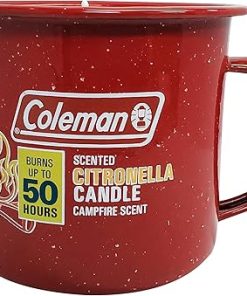 Coleman Repellents Tin Mug Outdoor Citronella Candle | Rustic Outdoor Camping Candle with Campfire Scent, Red