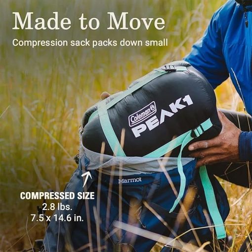 Coleman PEAK1 20 Degrees Fahrenheit 1 Person Nylon Mummy Sleeping Bag with Integrated Sleeping System and Water Repellent Shell, Black - Image 2