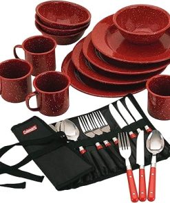 Coleman 24-Piece Enamel Dinnerware Set for Outdoor Dining, Dishwasher Safe, Full Dinnerware & Flatware Set for 4 People