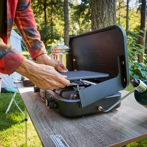 Coleman 1900 Collection 3-in-1 Propane Camping Stove, Cast Iron Grill & Griddle Accessories Included, 24,000 BTUs Across 2 Adjustable Burners with Wind Guards & Matchless Lighting - Image 2